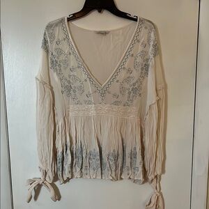 American Eagle Outfitters Cream Long Sleeve Embroidered Blouse